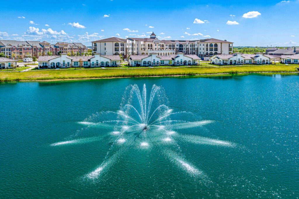 Outdoor Pond Area with Fountain Near Dementia Care Facility